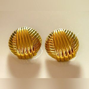 Vintage Signed Givenchy Fluted Gold Tone Large Clip On Earrings